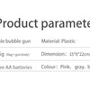 Product parameter list showing details like name, material, weight, dimension, battery, and colour for a whale bubble gun.