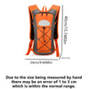 Orange and gray hydration backpack shown from the front with dimensions provided.
