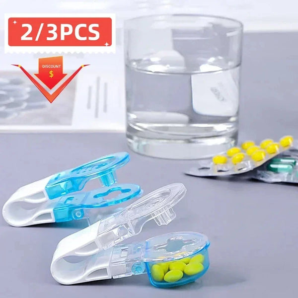 A set of portable pill blister pack openers and storage compartments in clear and blue plastic.