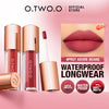 O.TWO.O waterproof longwear matte lip tint in a pink tube and applicator shown on a pink background