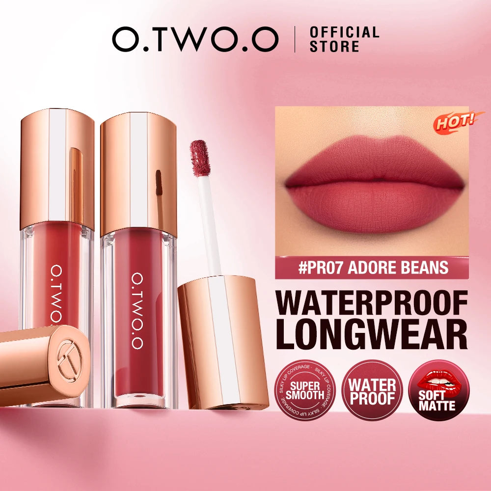 O.TWO.O waterproof longwear matte lip tint in a pink tube and applicator shown on a pink background