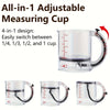 All-in-1 adjustable measuring cup shown in various sizes and with a scraper base.
