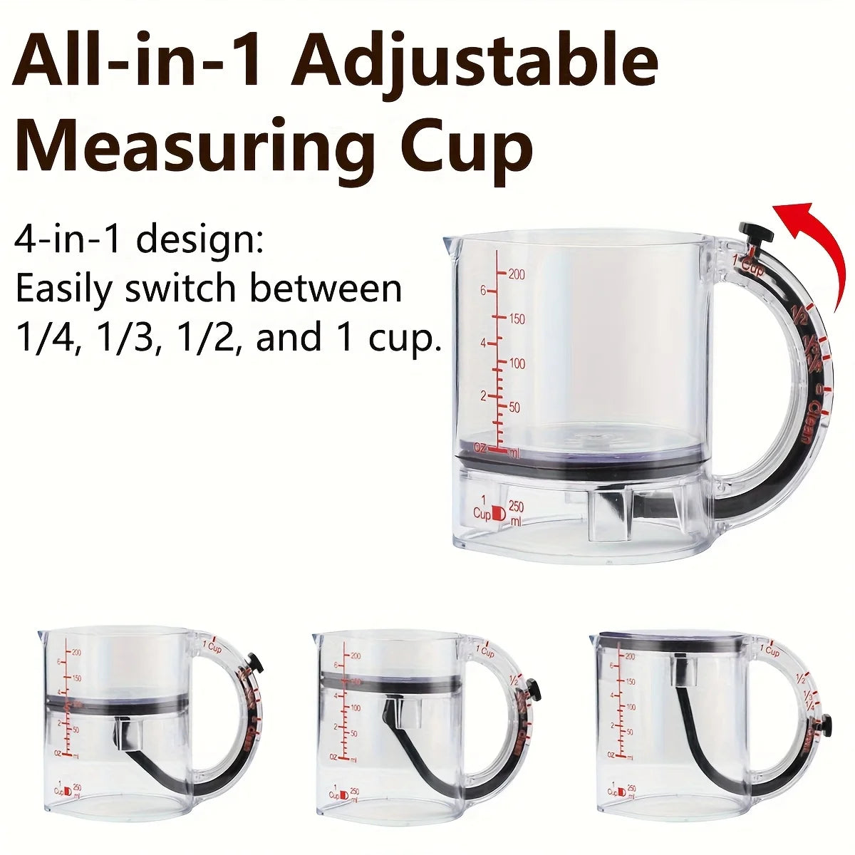 All-in-1 adjustable measuring cup shown in various sizes and with a scraper base.