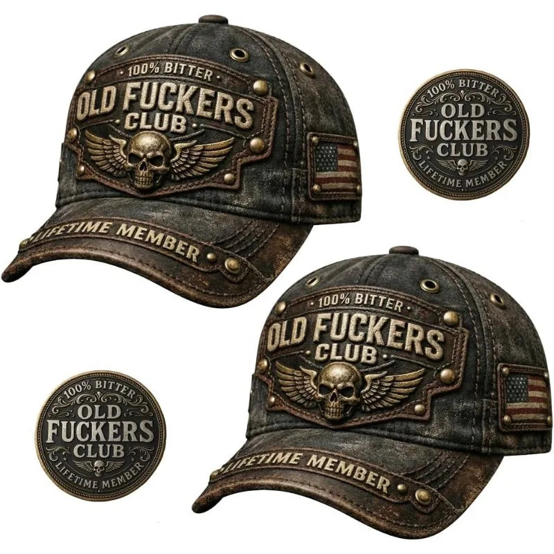 Mørkegrå baseballcaps med brodert tekst: Old Fuckers Club Lifetime Member.
