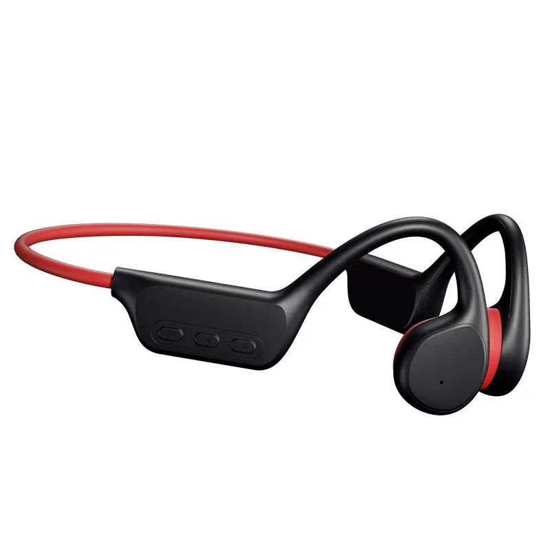 Black bone conduction sports headphones with red accents shown from the side.