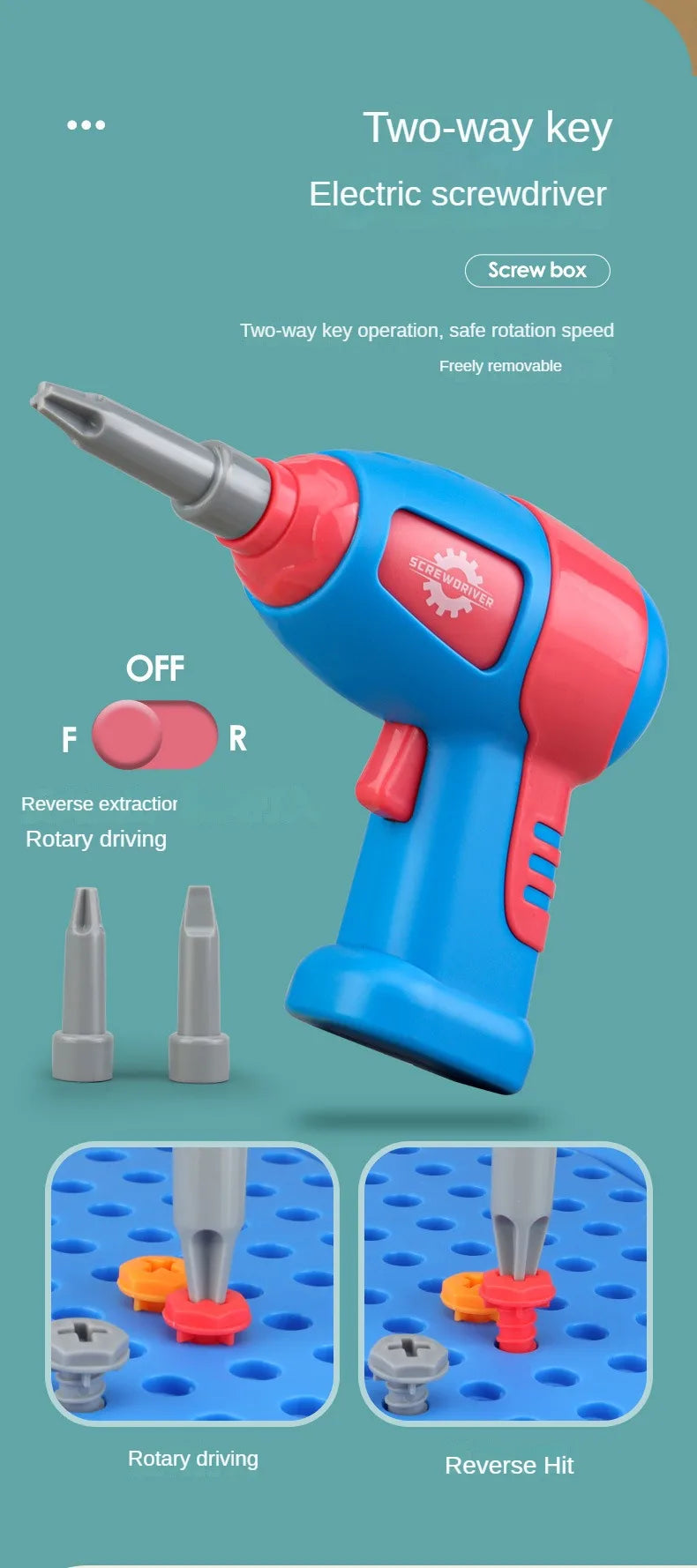 A blue and red two-way electric screwdriver tool with a screw box and attachments for repair work.