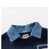 Navy blue boys denim collar fleece pullover sweatshirt with a white patch detail