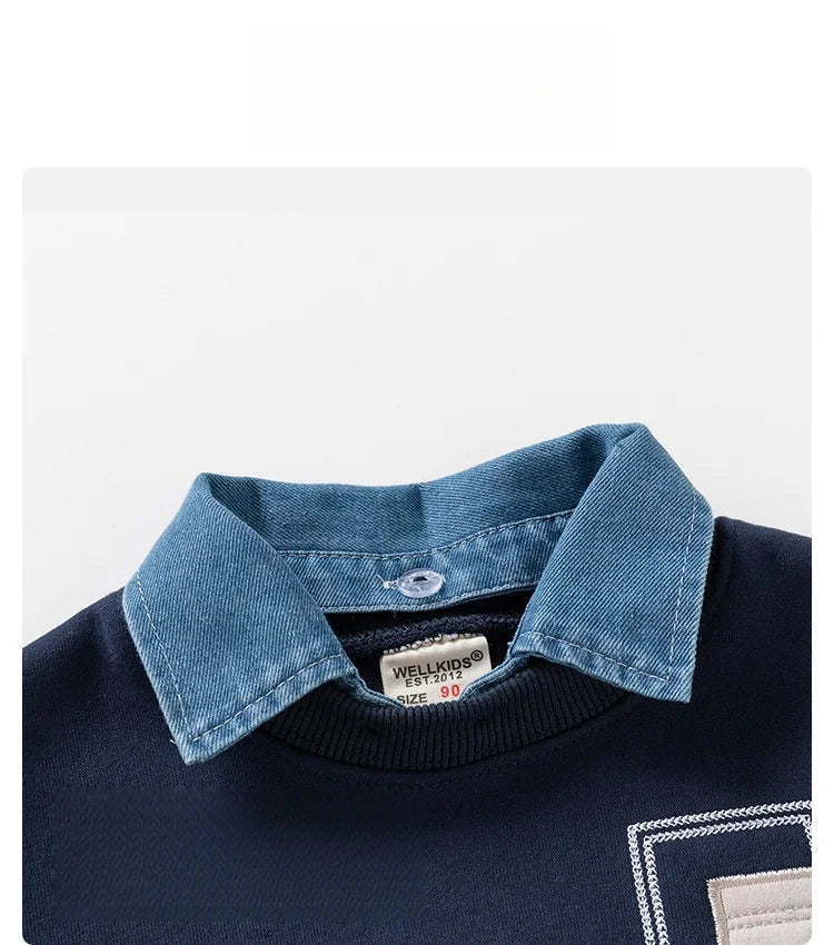 Navy blue boys denim collar fleece pullover sweatshirt with a white patch detail