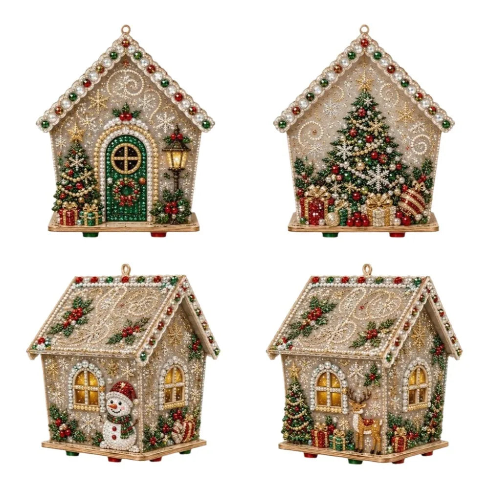 DIY-sett for trehus-julepynt med perledekorasjoner og festlige elementer.