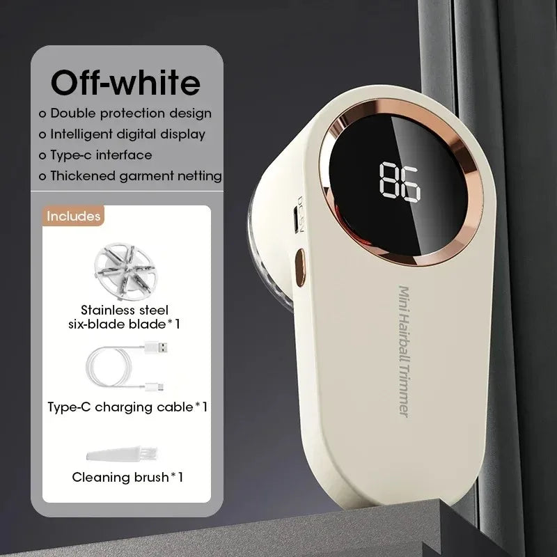 A beige Mini Hairball Trimmer device is shown against a dark background with features listed on the left.