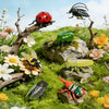 A collection of wind-up insect toys including a ladybug, bee, and beetle set in a natural outdoor setting.