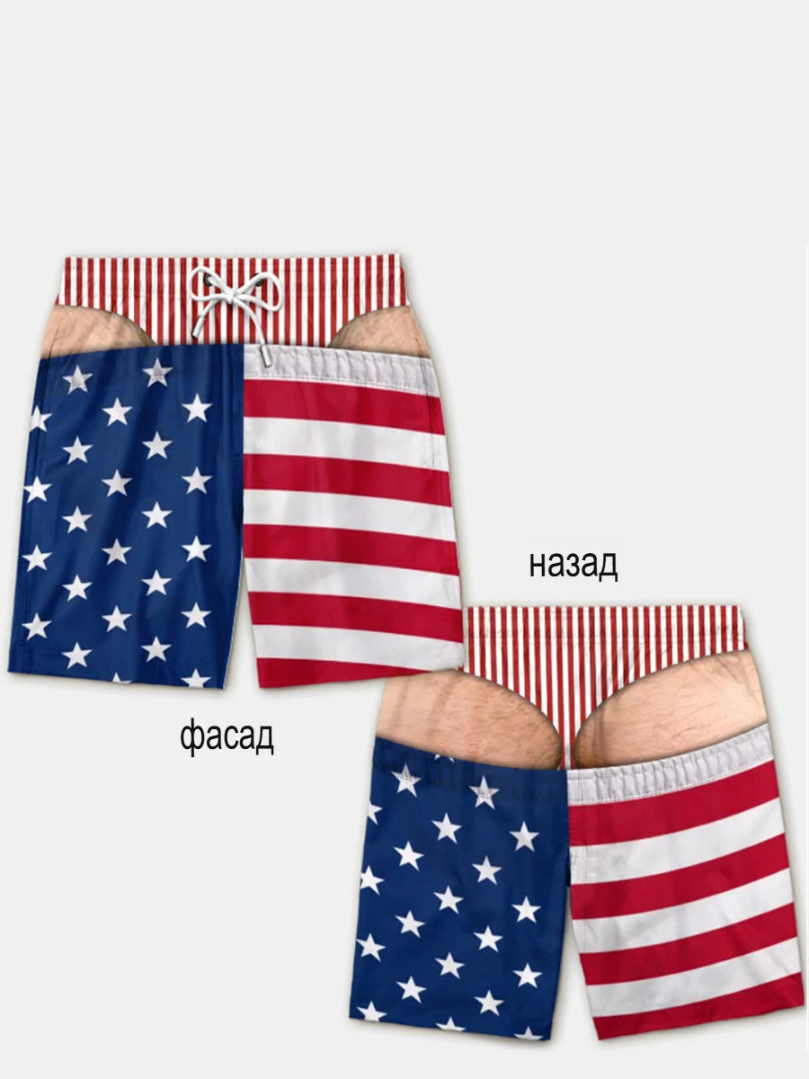 Men's quick-dry swim trunks featuring a patriotic American flag print with red, white, and blue stripes and stars