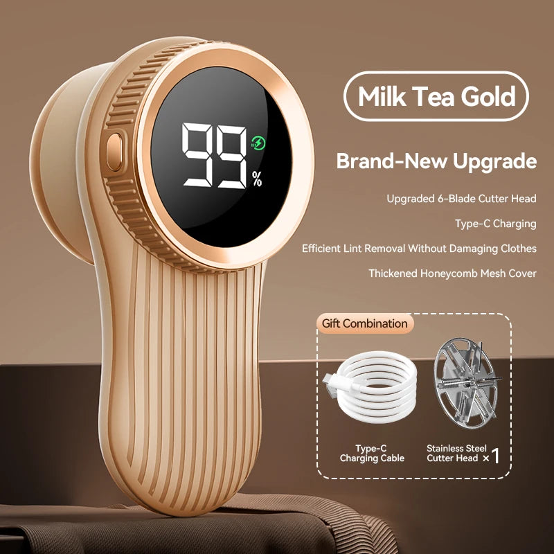A beige rechargeable fabric shaver and lint remover device with a digital display showing 99% battery, next to a Type-C charg