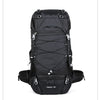 Black hiking backpack with a rain cover and adjustable straps.