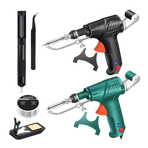 A set of multifunctional laser welding guns and accessories including a black gun, a silver tip, solder wire, and a clamping 