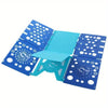 A blue clothes folding board with multiple perforated sections for quick and easy laundry folding.