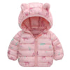 Pink kids' hooded puffer jacket with a zipper closure featuring a unicorn print.