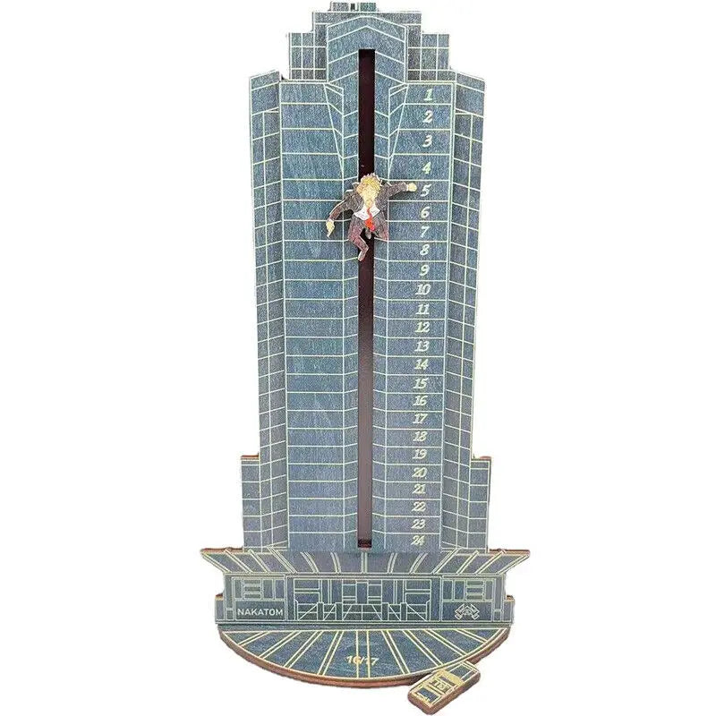 Torre de calendario de adviento de madera con forma de casa, 24 puertas numeradas y un adorno colgante.