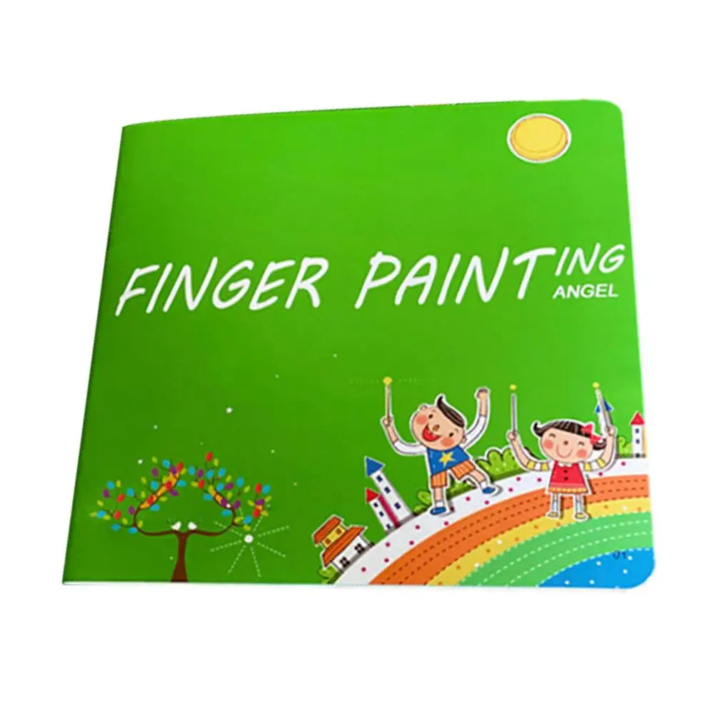 A green board featuring the title Finger Painting Angel and colorful illustrations of children painting.