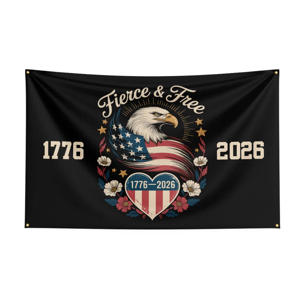 Et svart flagg med en skallet ørn, elementer fra det amerikanske flagget og årene 1776 og 2026.
