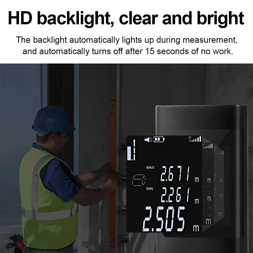 A person measures a distance using a handheld laser distance measurer with a bright backlit display.