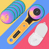 A yellow rotary fabric cutter with an ergonomic handle and a stack of colored cutting discs is shown on a colorful background