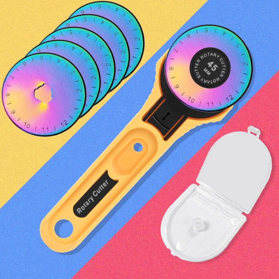 A yellow rotary fabric cutter with an ergonomic handle and a stack of colored cutting discs is shown on a colorful background