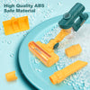 A yellow toy vacuum cleaner is shown on a blue plate with clear plastic beads, emphasizing it is made of high quality ABS saf