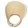 A woven straw sun hat with a wide brim and a beige color shown against a white background.