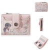 A pink floral print women's wallet with a zipper closure and card slots shown in multiple views.