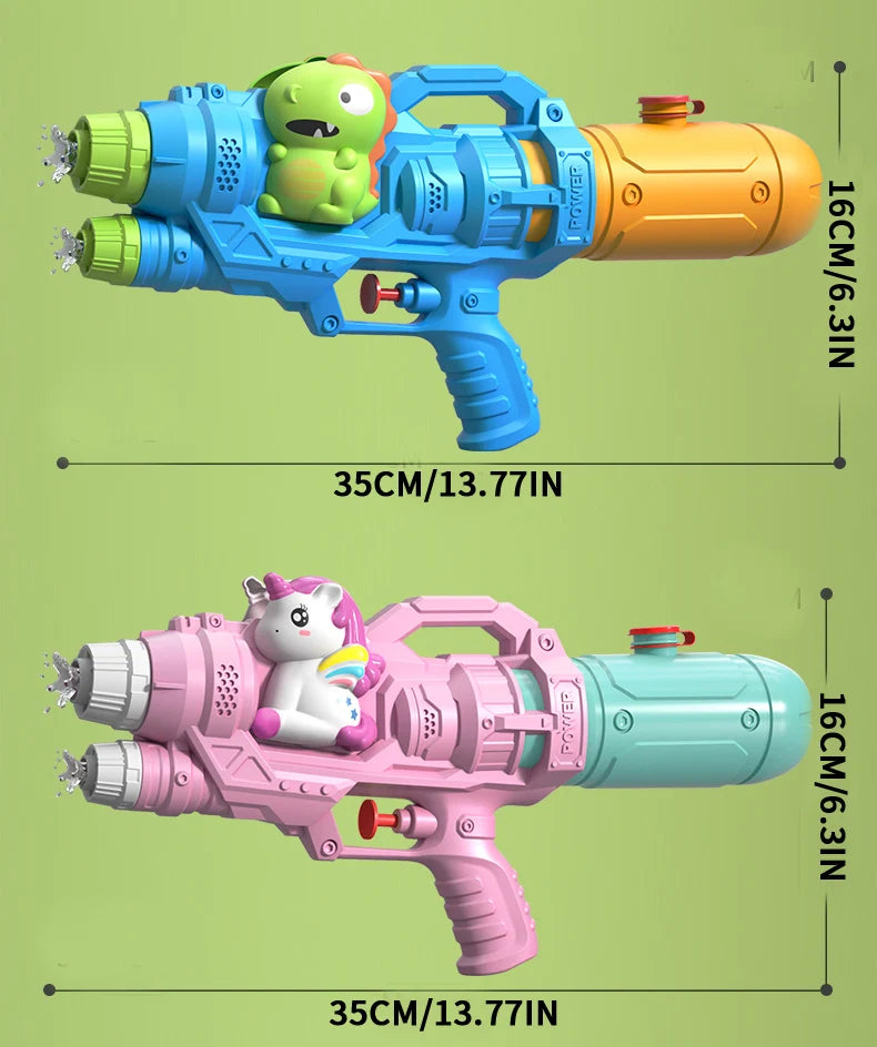 A toy water gun featuring a green dinosaur and a pink unicorn, with orange and light blue accents.