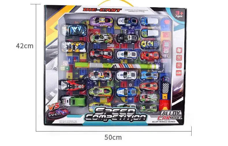 A diecast model car set featuring various stunt cars with pull-back and ejection action features.