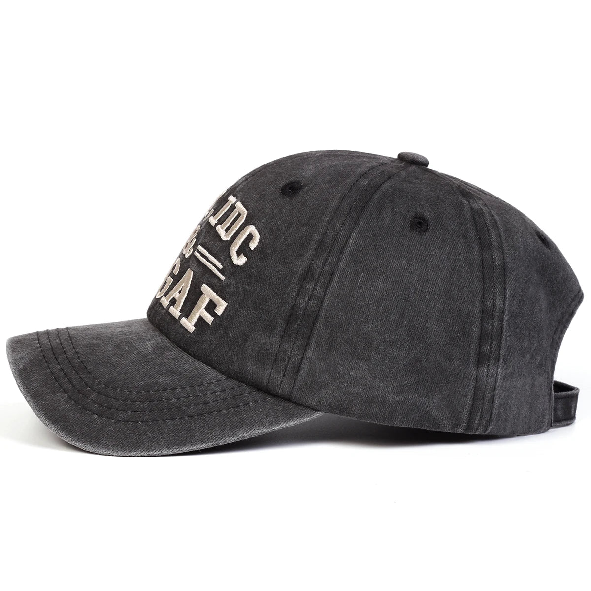 A dark gray washed baseball cap embroidered with the letters IDC SAF.