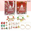 A red advent calendar box featuring a Christmas theme and gold charm bracelets.