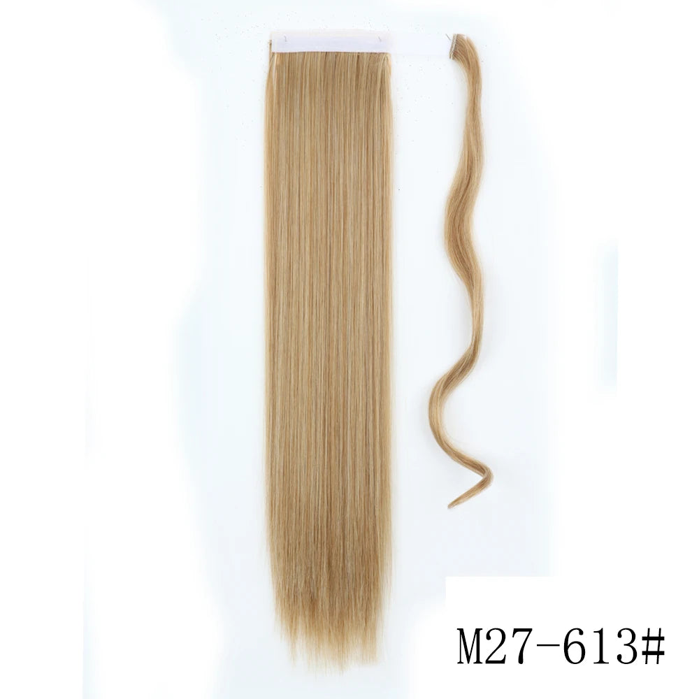 Long straight blonde hair extension shown as a bundle and a loose strand