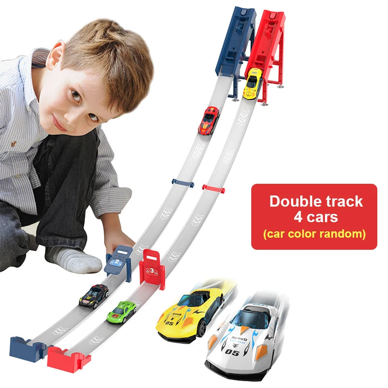 A boy is shown interacting with a DIY stunt car racing track set featuring double tracks and four cars.