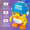 A yellow duck toy with headphones, featuring buttons to switch songs, turn lights on or off, and a volume key.
