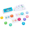 A set of wooden math cards showing addition and subtraction problems like 4+2=6 and 9-1=8, along with counting blocks.