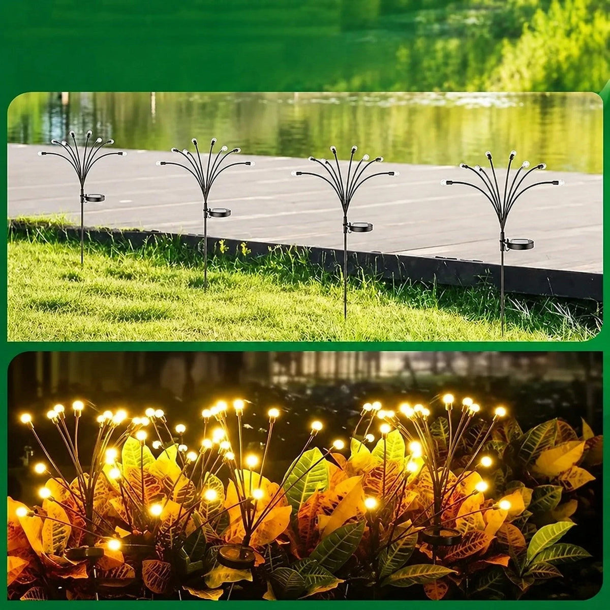 Solar Firefly garden lights in daytime and evening settings