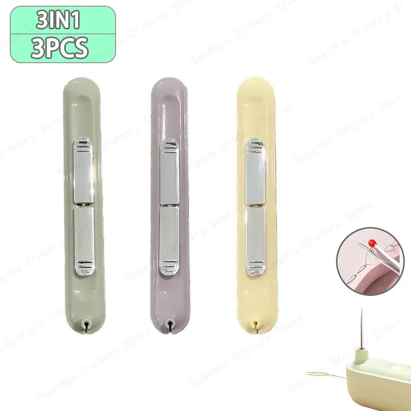 Three sets of 3-in-1 needle threader and seam ripper tools in various colors