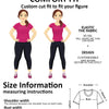 A graphic showing a woman modeling a pink shirt and black pants, with details on fit and design.
