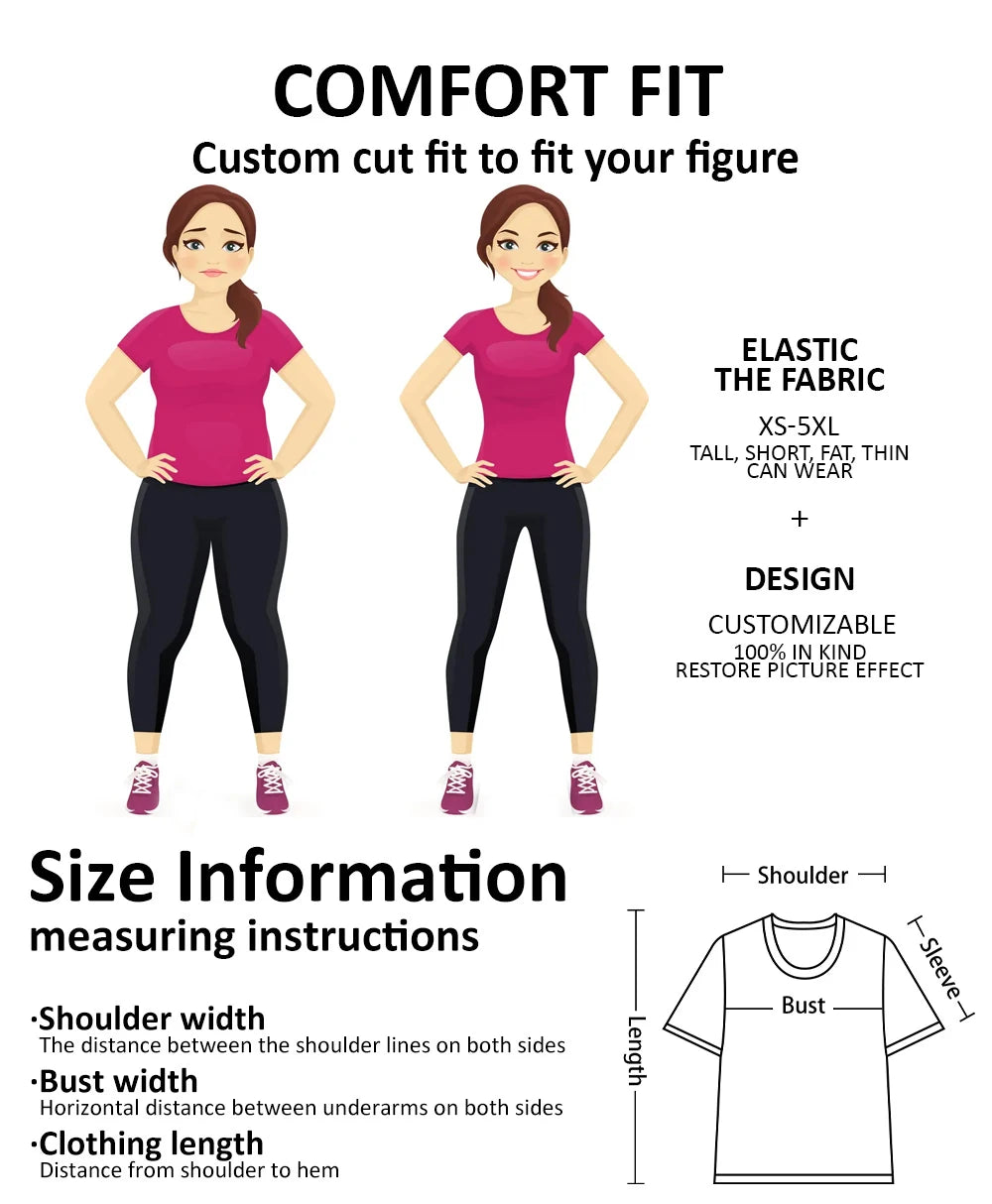 A graphic showing a woman modeling a pink shirt and black pants, with details on fit and design.