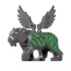 A gray lion figure with green stripes and large feathered wings, part of an animal building block set.
