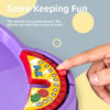A hand is moving an arrow on a score board within a purple spinner game for kids.