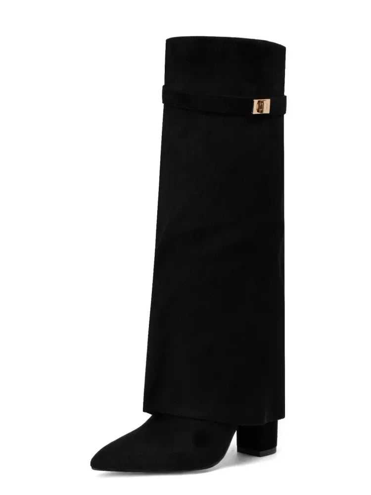 Black knee-high boots with a metallic buckle and a fitted cuff.