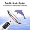 A white LED light therapy neck massager is shown against a blue background with a silhouette of a dolphin.