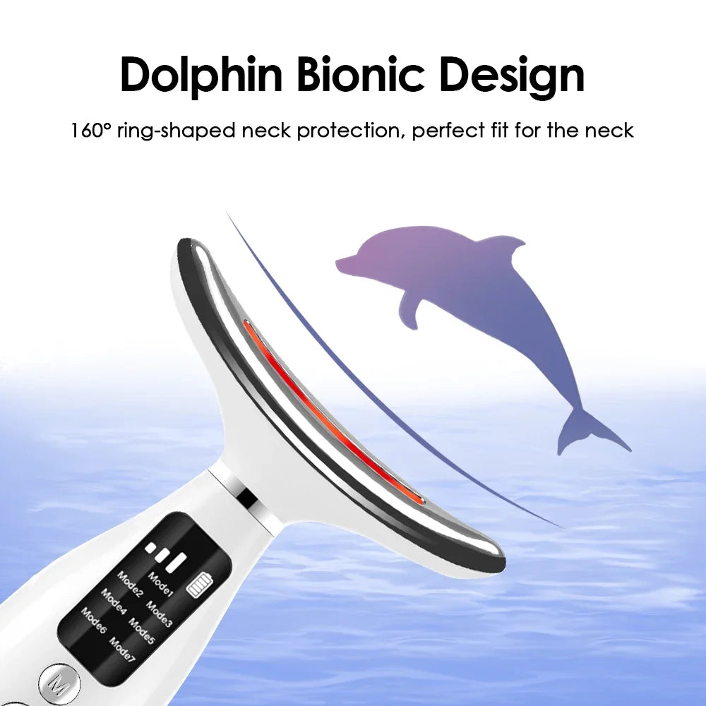 A white LED light therapy neck massager is shown against a blue background with a silhouette of a dolphin.
