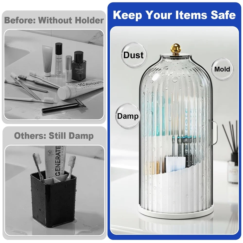 A clear glass dome cover protecting various items like toothbrushes and pens inside a rotating dustproof holder.