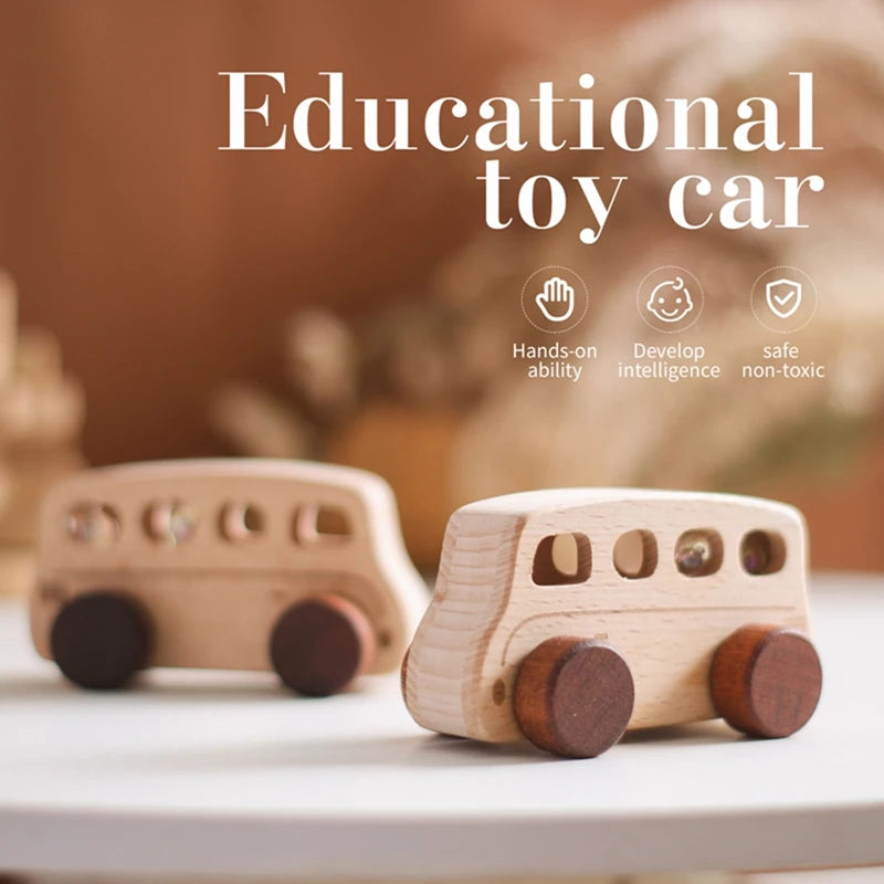 A light wood educational toy car with round wheels is shown on a white surface.