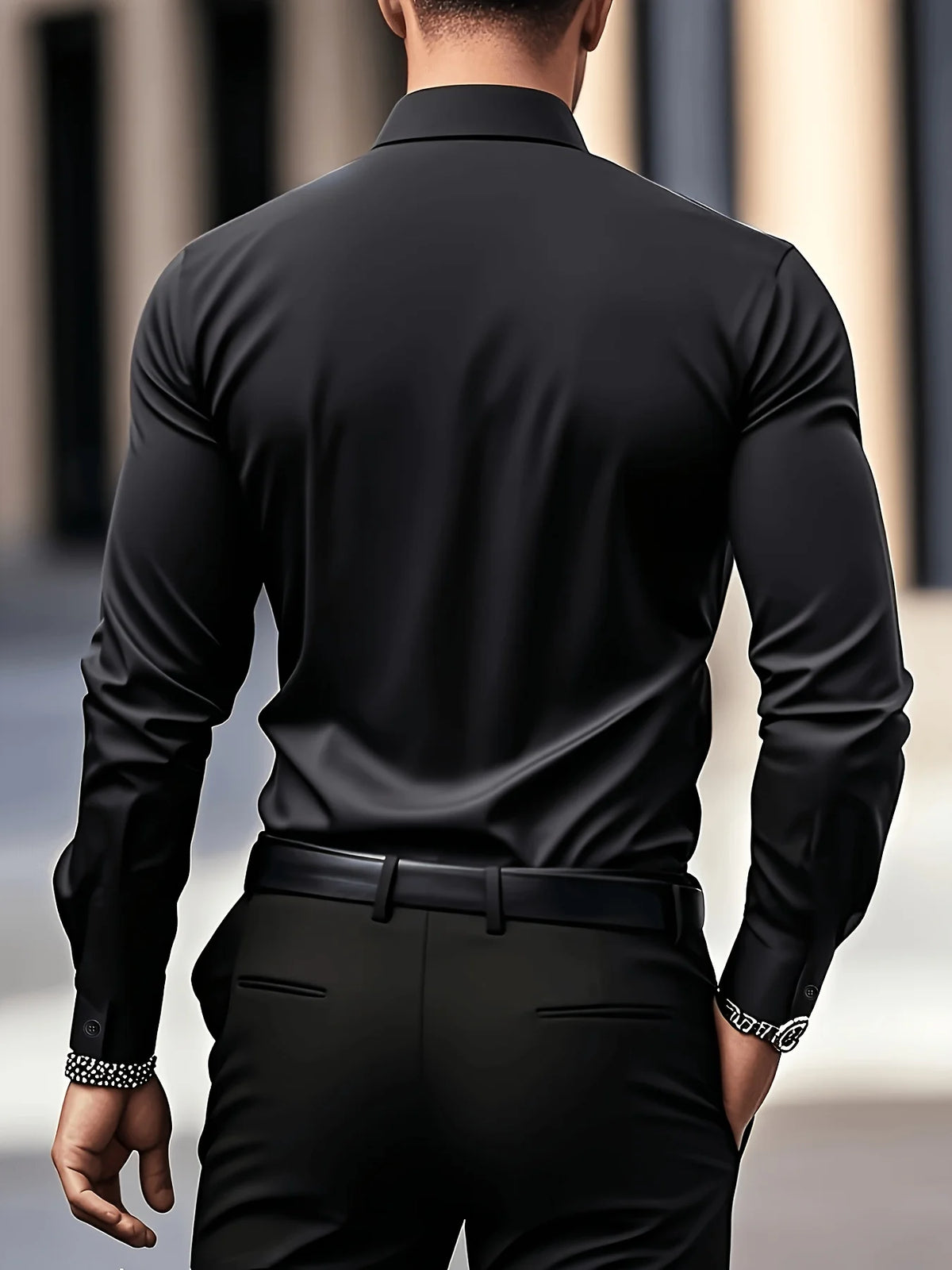A man wearing a black long-sleeve formal shirt and dark pants, viewed from the back.